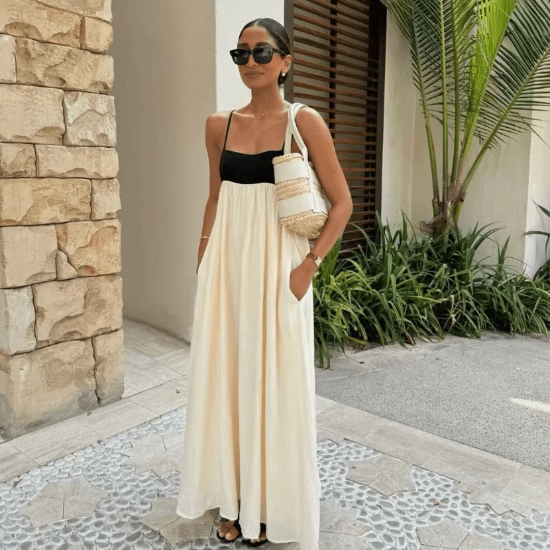 Two Tone Contrast Holiday Vacation Summer Maxi Dress