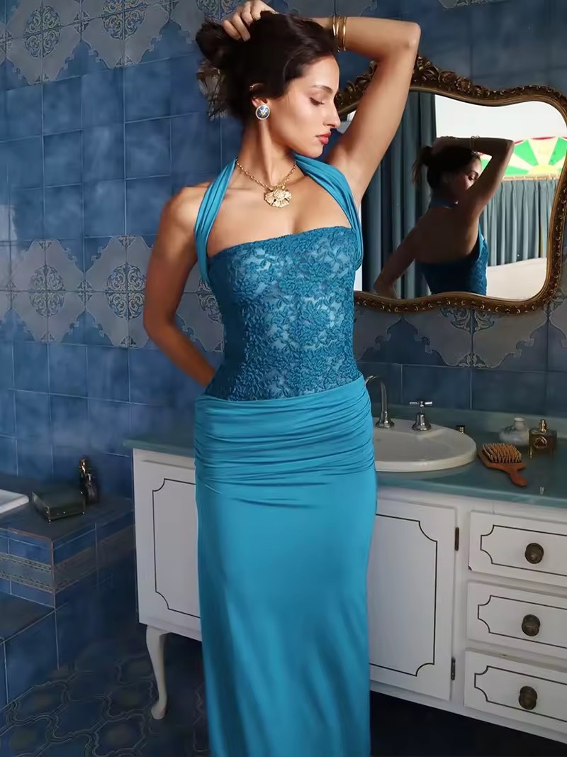 Off Shoulder Lace Mesh Bodycon Maxi Dress