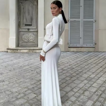 White Turtleneck Long Sleeve Bodycon Maxi Dress