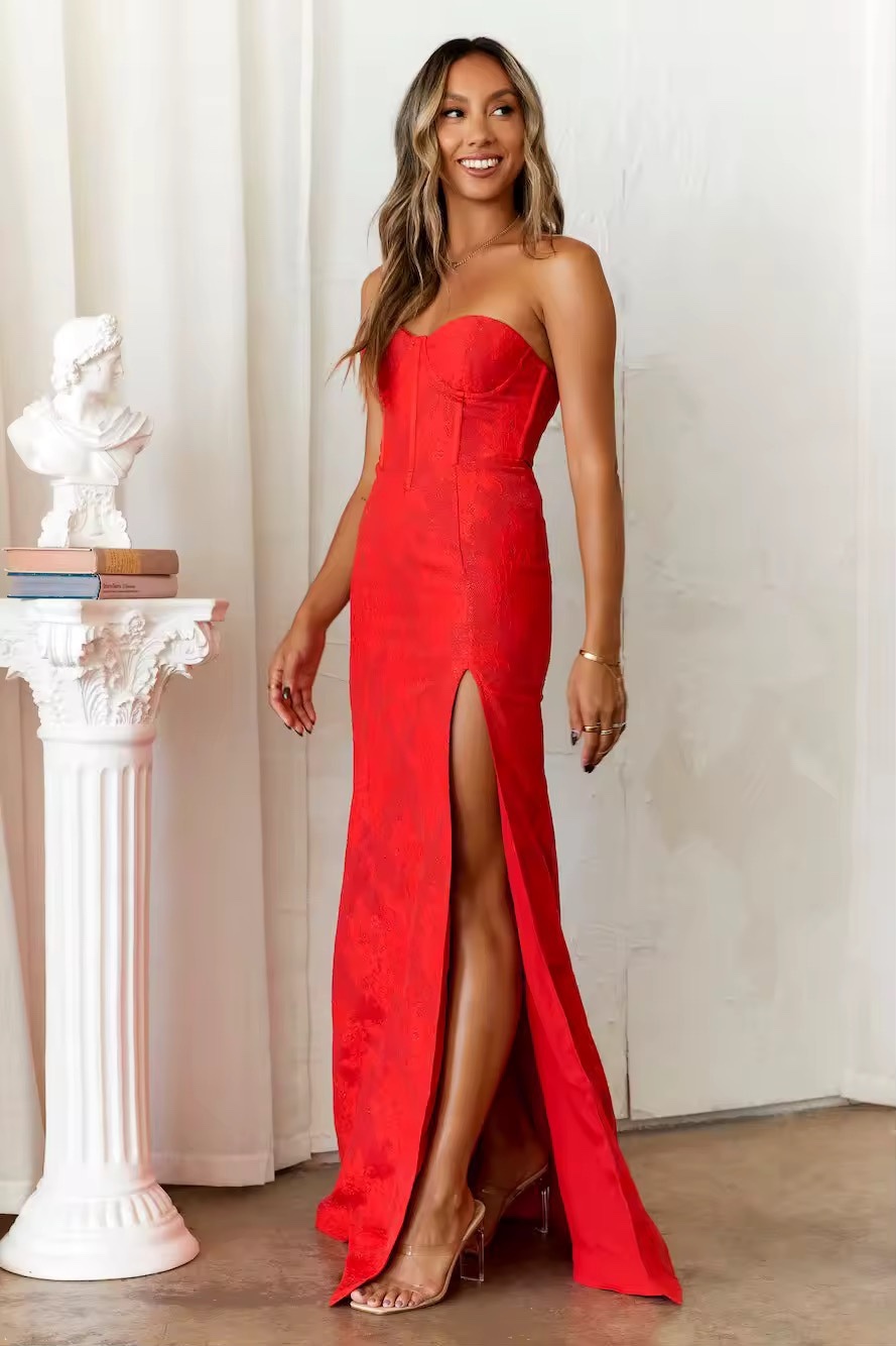 Red Strapless Bodycon Occasion High Spilt Maxi Dress