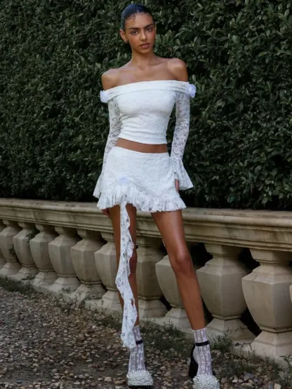 Lace One Shoulder Long Sleeved Lace Top & Mini Skirt Set
