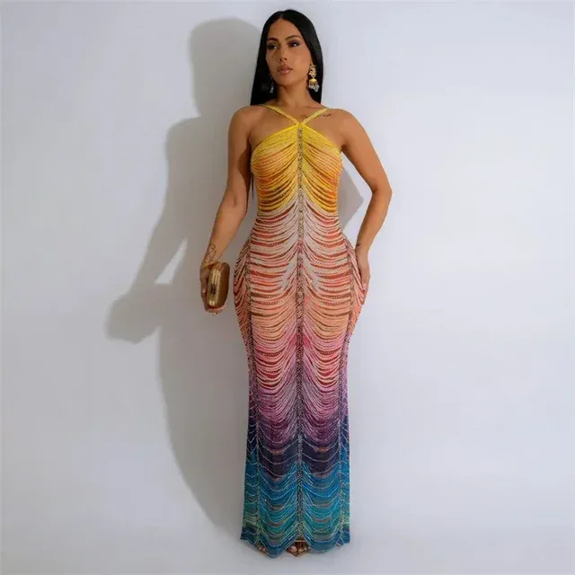 Rainbow Print Glitter Bodycon Maxi Dress
