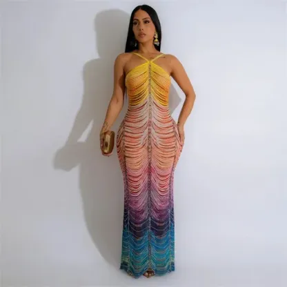 Rainbow Print Glitter Bodycon Maxi Dress 