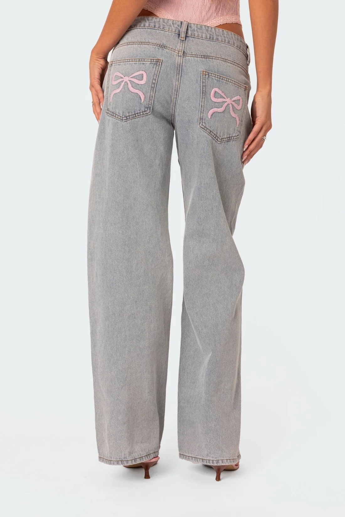 Pink Bow Pocket Straight Leg Boyfriend Jeans
