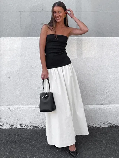 Patchwork Strapless Sleeveless Contrast Color A-Line Maxi Dress