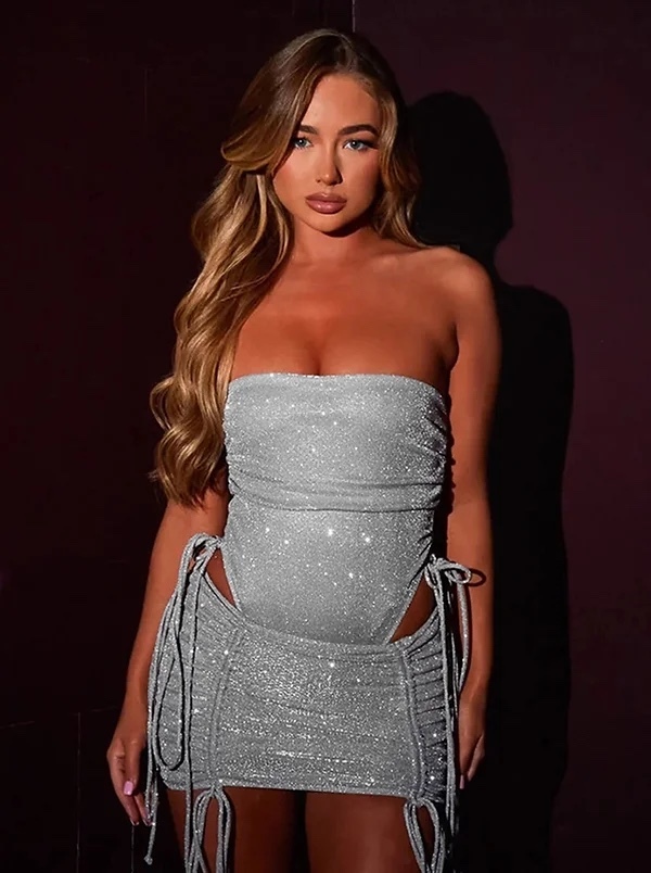 Glitter Strapless Tube Top Mini Skirt 2 Piece Co-ord Set