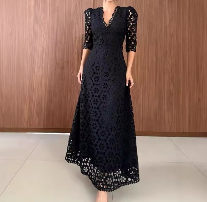 Crochet Patterned Short Sleeve A Line Summer Vacation Maxi Dress