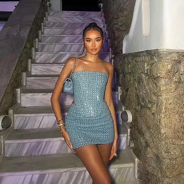 Blue Sequined Denim 2 Piece Co-ord Set