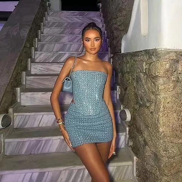 Blue Sequined Denim 2 Piece Co-ord Set