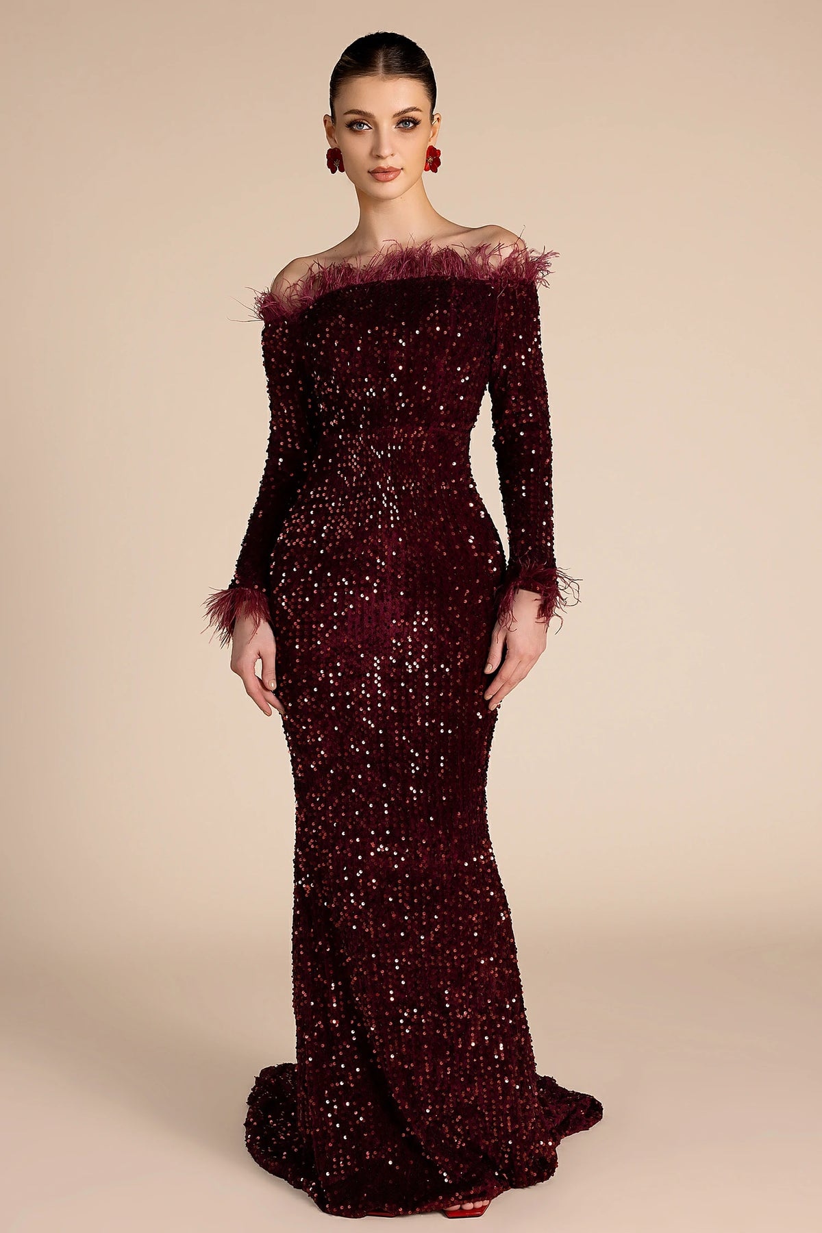 Burgundy Sequin Glitter Feathered Maxi Dress