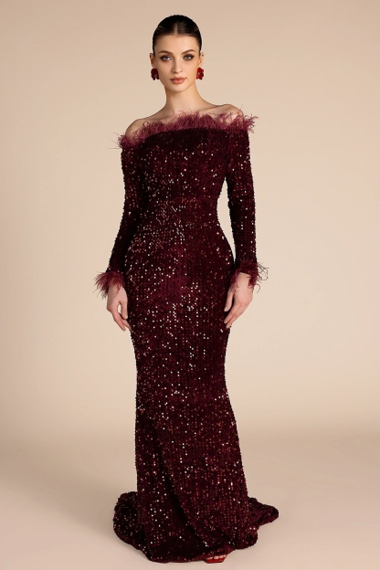 Burgundy Sequin Glitter Feathered Maxi Dress