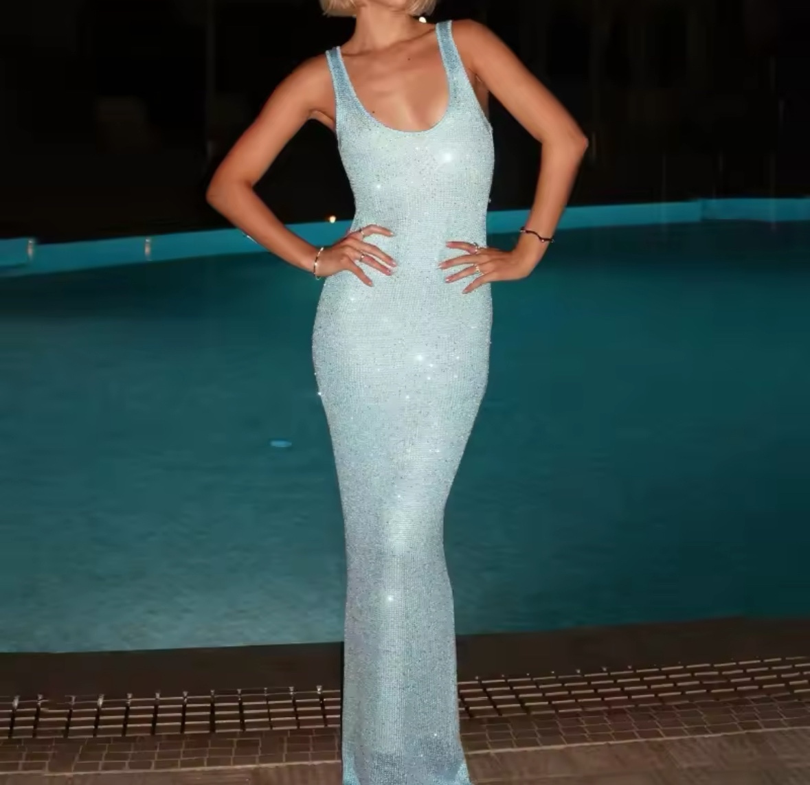 Glitter Bodycon Sleeveless Summer Vacation Holiday Maxi Dress
