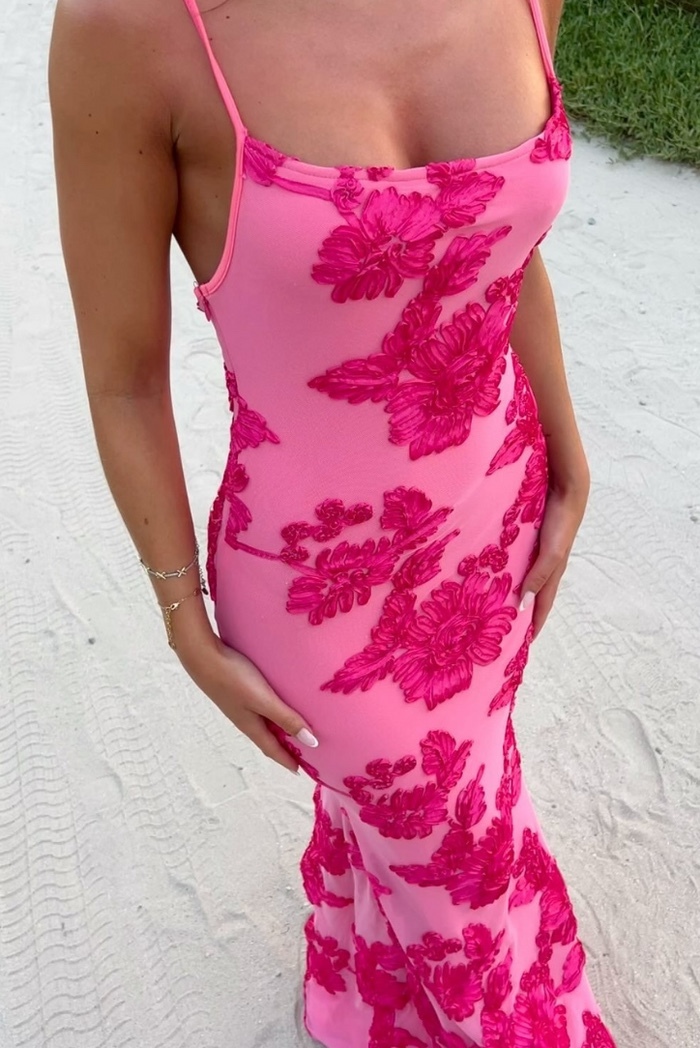 Pink Floral Spaghetti Strap Bodycon Maxi Dress