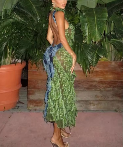 Ruffle Backless Holiday Vacation Summer Maxi Dress