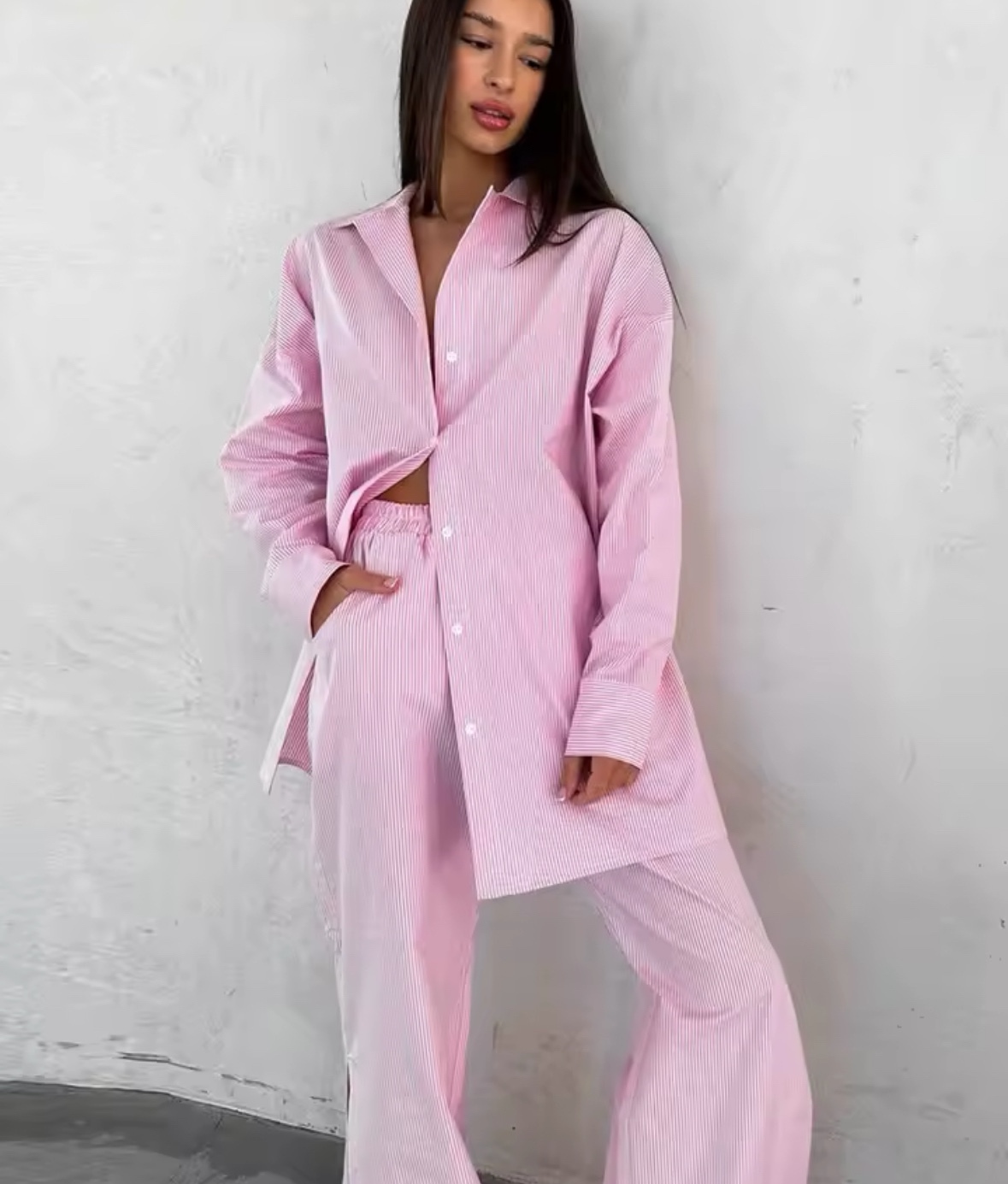 Striped Long Sleeve Shirt & Straight Leg Trousers Set