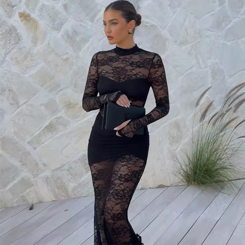 Lace Mesh Bodycon Maxi Dress Long Sleeve