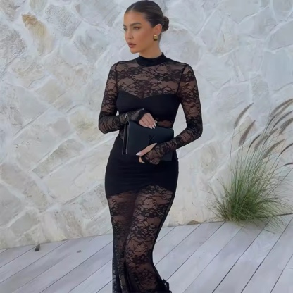 Lace Mesh Bodycon Maxi Dress Long Sleeve