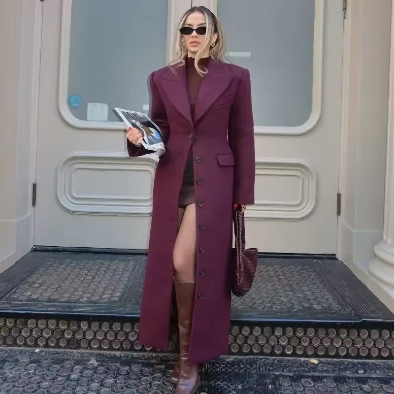 Burgundy Long Sleeve Button Ankle Length Winter Coat