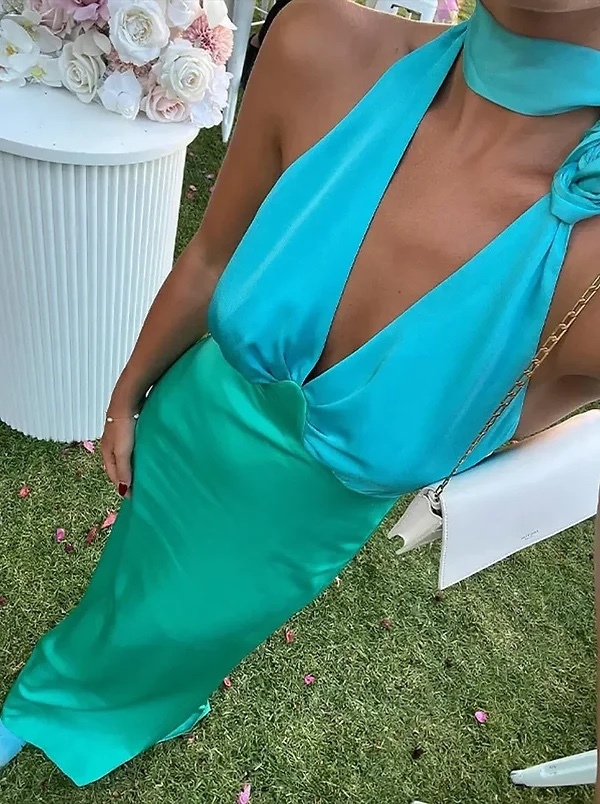 Blue Green Backless Sleeveless Summer Halter Maxi Dress