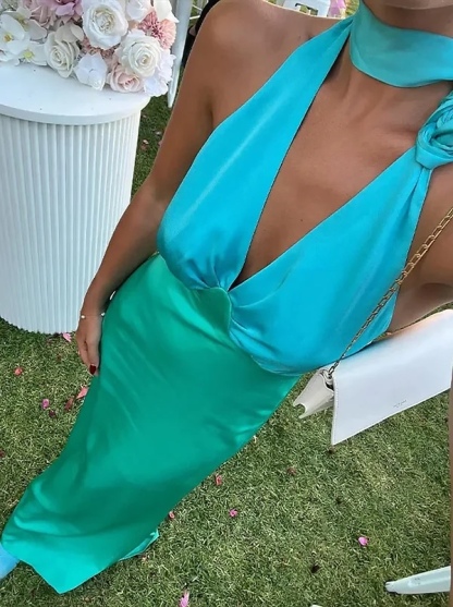 Blue Green Backless Sleeveless Summer Halter Maxi Dress