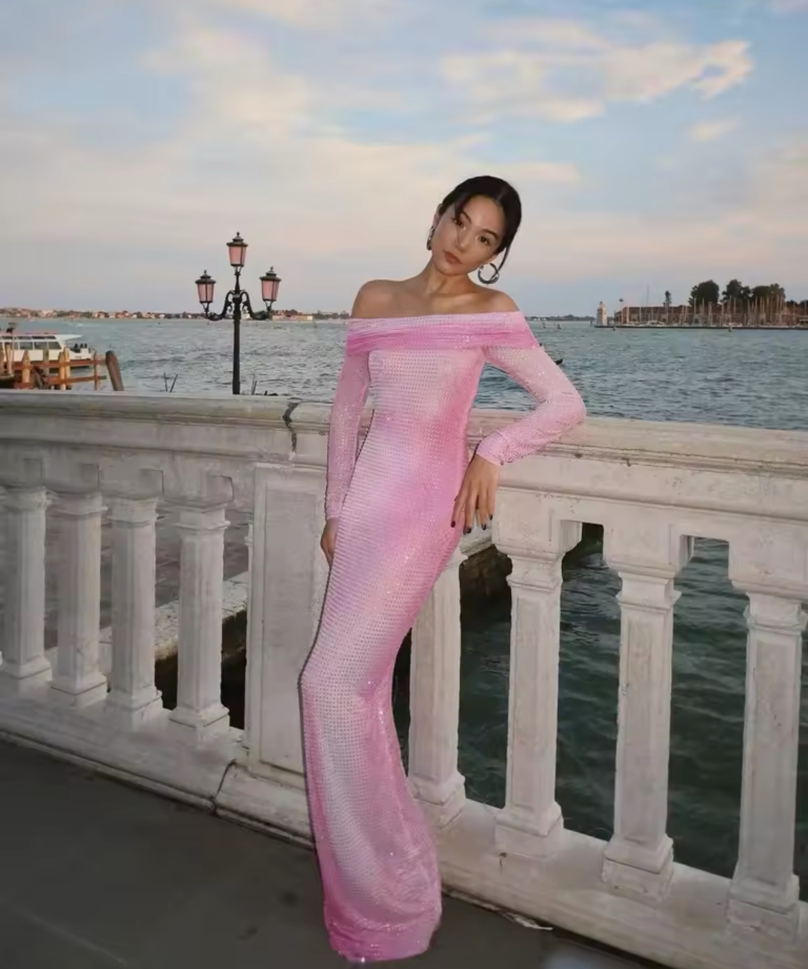 Off Shoulder Long Sleeve Sequin Pink Bodycon Maxi Dress