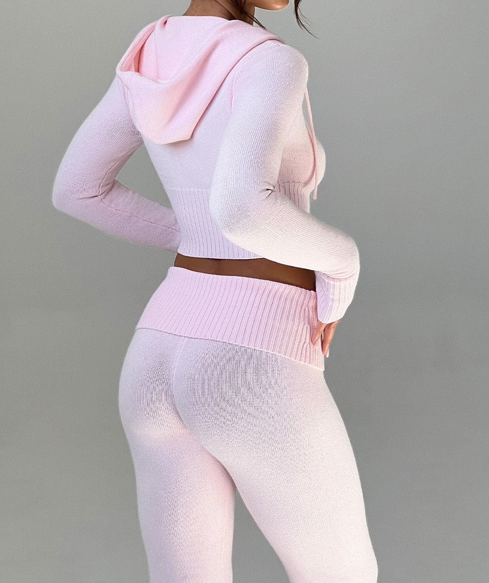 Pink Knitted Hooded Jacket and Trousers Set