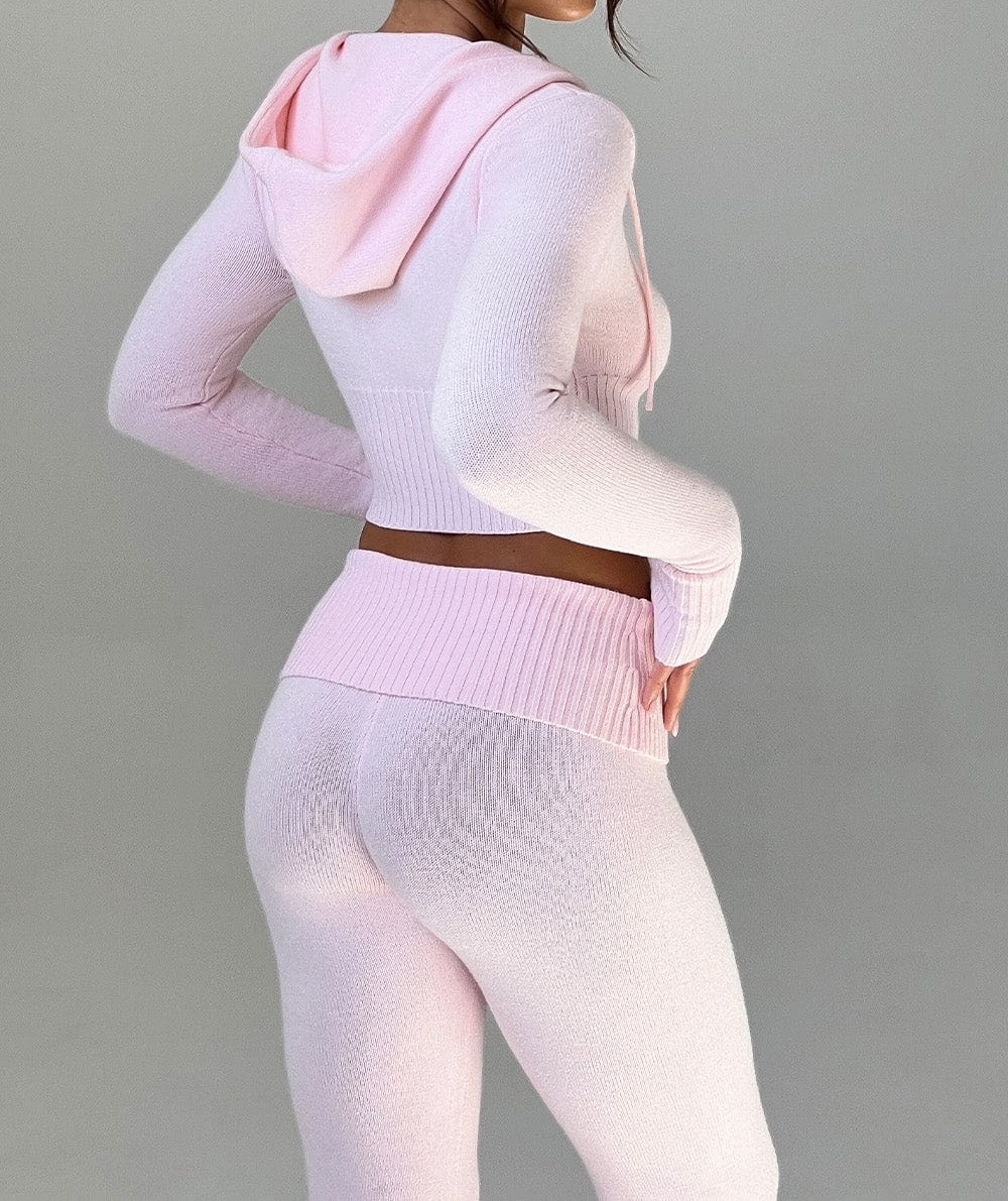 Pink Knitted Hooded Jacket and Trousers Set