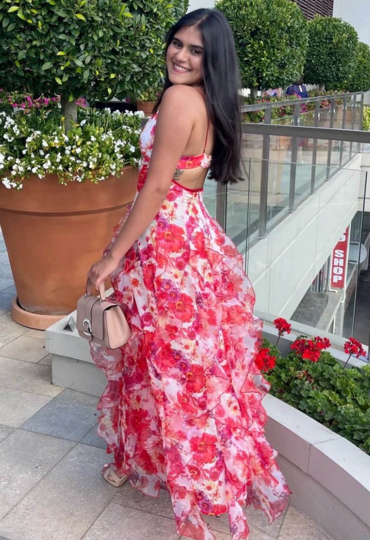 Red Floral Ruffle Layered Backless Maxi Dress