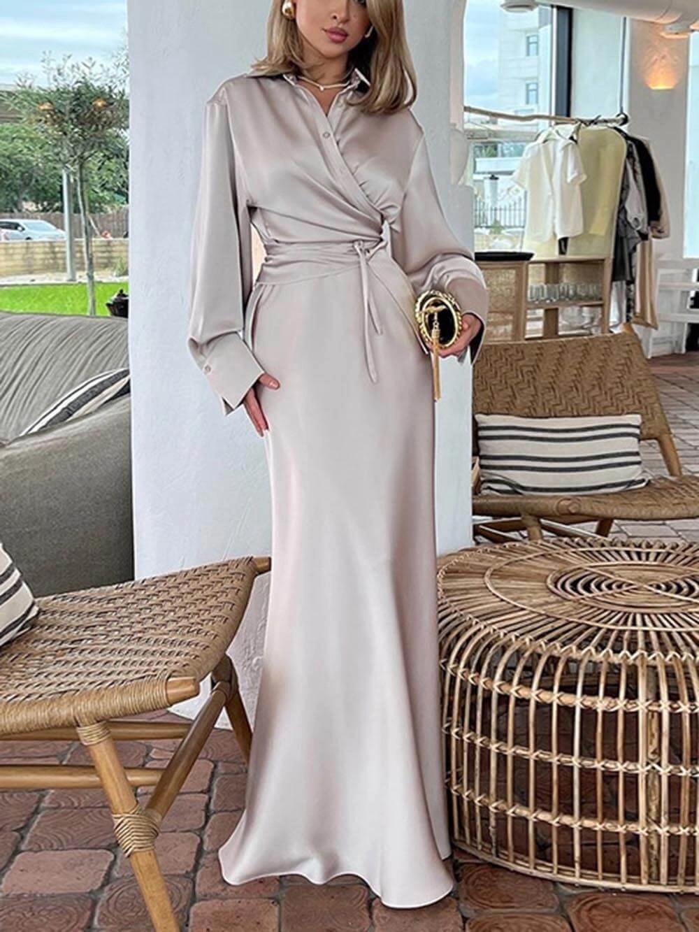 Long Sleeve Silk Satin Maxi Dress
