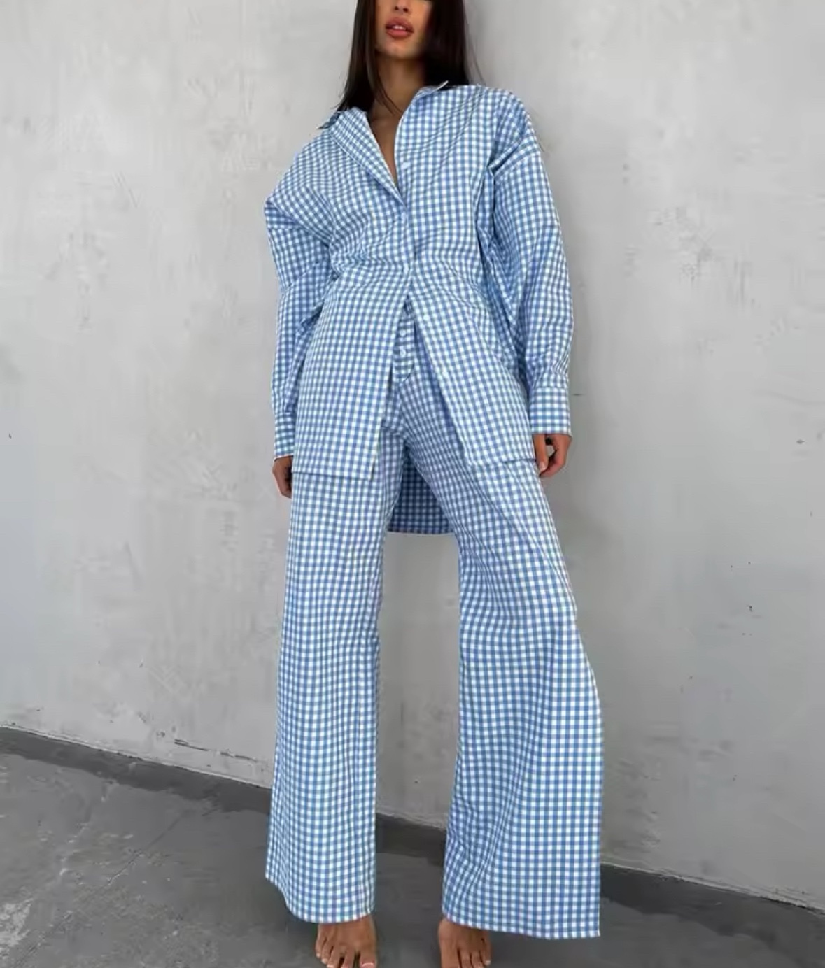Striped Long Sleeve Shirt & Straight Leg Trousers Set