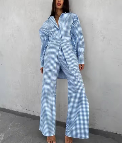 Striped Long Sleeve Shirt & Straight Leg Trousers Set