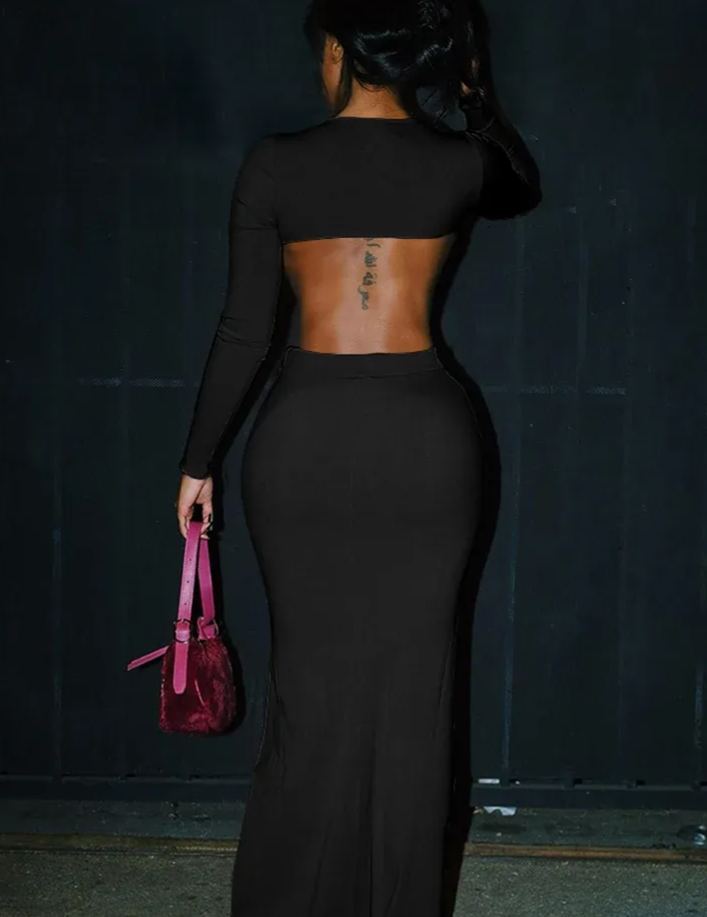 Weird Puss Ribbed Women 2 Piece Set Square Collar Backless Full Sleeve Crop Tops+Elastic Waist Solid Long Skirts Elegant Suit