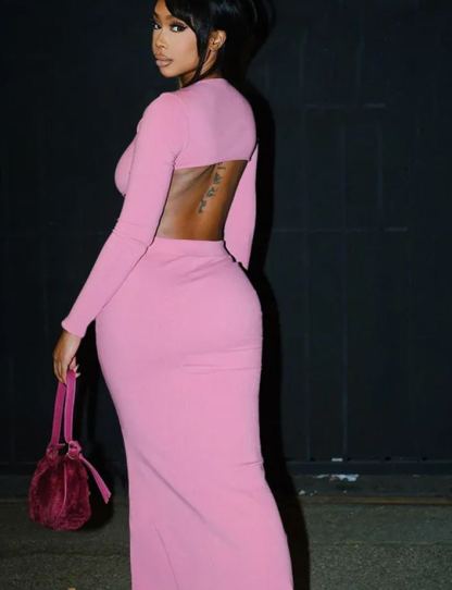 Weird Puss Ribbed Women 2 Piece Set Square Collar Backless Full Sleeve Crop Tops+Elastic Waist Solid Long Skirts Elegant Suit