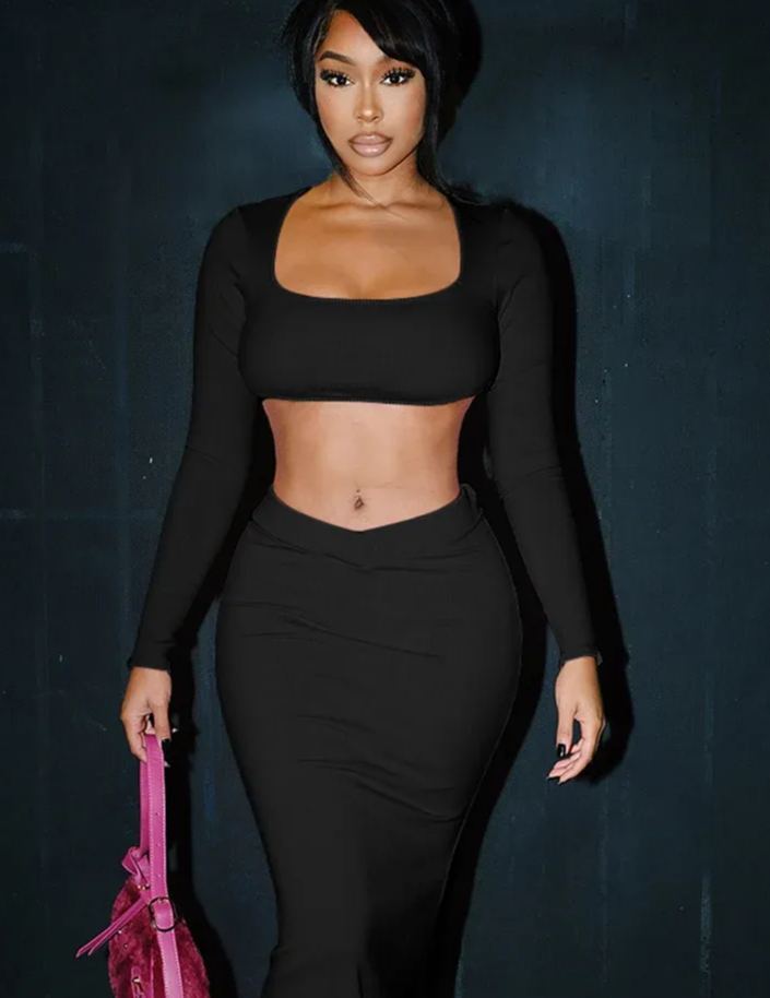 Weird Puss Ribbed Women 2 Piece Set Square Collar Backless Full Sleeve Crop Tops+Elastic Waist Solid Long Skirts Elegant Suit