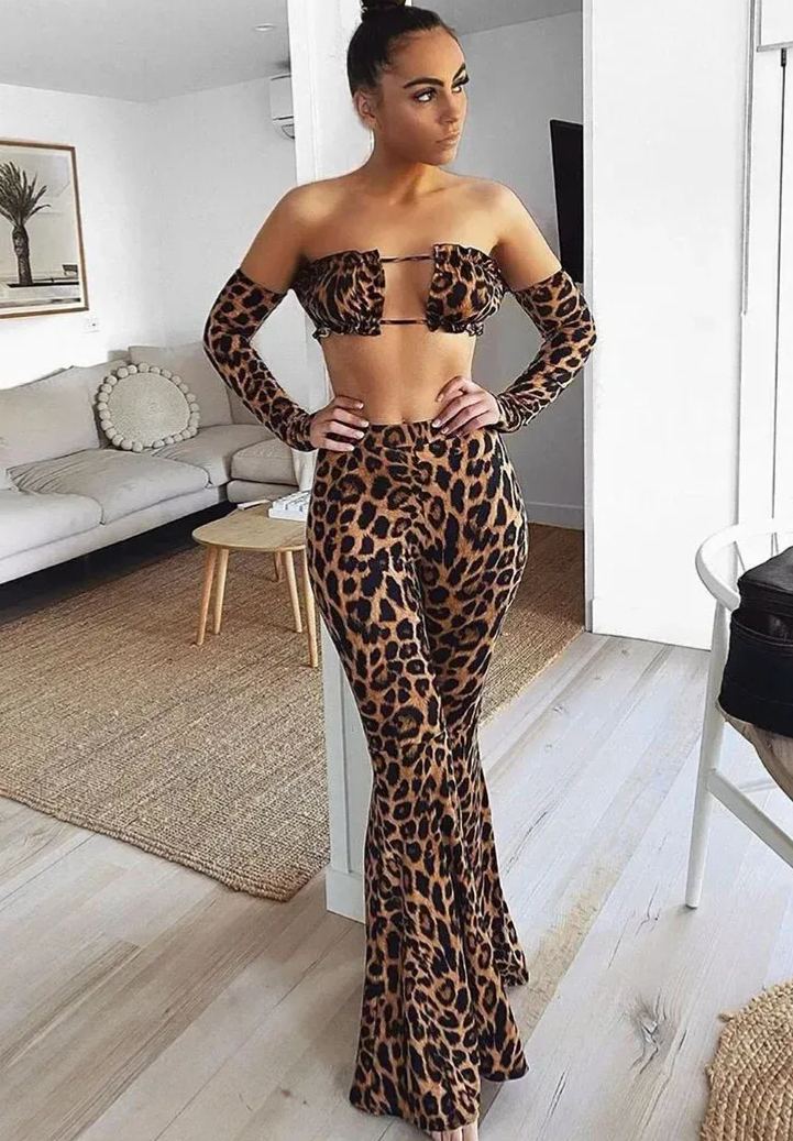 CM.YAYA Streetwear Women's Set Leopard Print Strapless Long Sleeve Top +flare Pants Elegant Fall Sexy Two 2-Piece Set Outfits