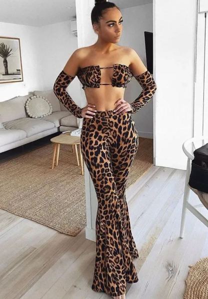 CM.YAYA Streetwear Women's Set Leopard Print Strapless Long Sleeve Top +flare Pants Elegant Fall Sexy Two 2-Piece Set Outfits