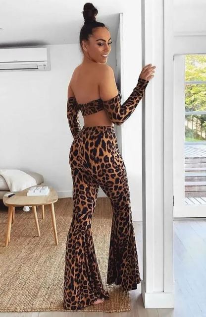 CM.YAYA Streetwear Women's Set Leopard Print Strapless Long Sleeve Top +flare Pants Elegant Fall Sexy Two 2-Piece Set Outfits
