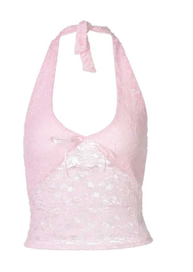 BOOFEENAA See Through Pink Lace Deep V Halter Backless Crop Top Trending Sexy Tank Tops Women Y2k Fashion Clothes C70-AI10