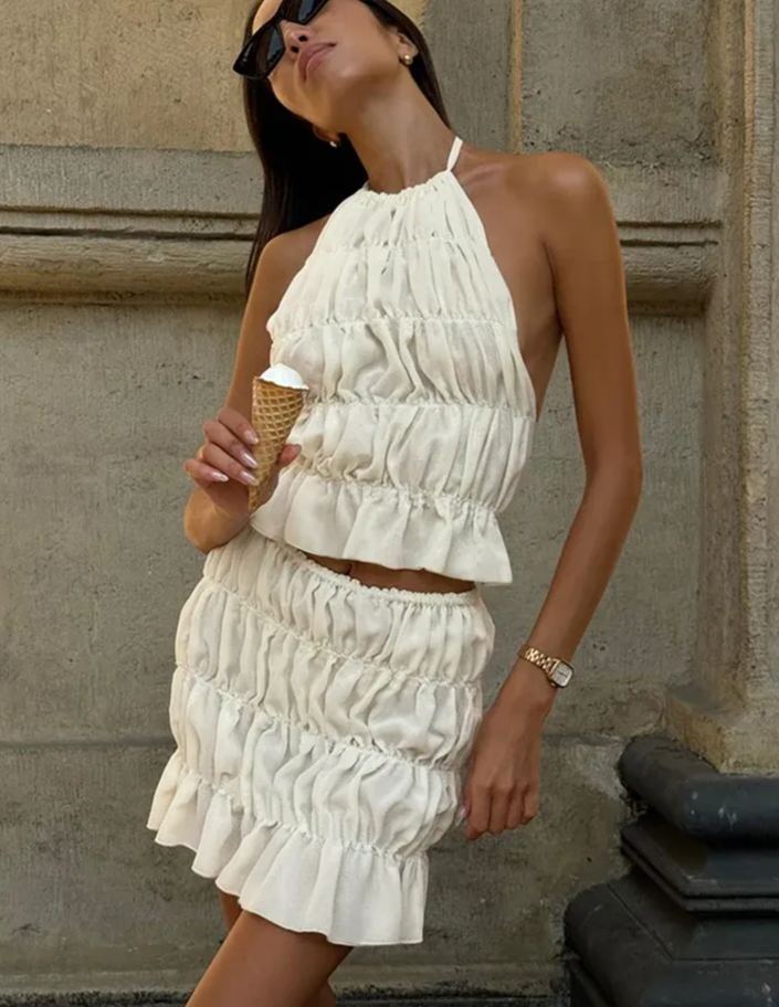 Weird Puss Ruched Sexy 2 Piece Set Women Y2K Thin Vacation Beach Style Backless Camisole+Mini Skirts Midnight Clubwear Outfits