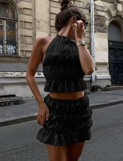 Weird Puss Ruched Sexy 2 Piece Set Women Y2K Thin Vacation Beach Style Backless Camisole+Mini Skirts Midnight Clubwear Outfits