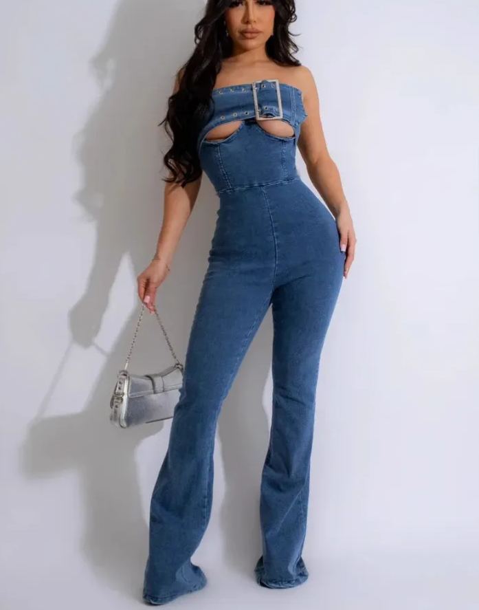 Strapless Belt Sleeveless Cargo Flare Washed Denim Jumpsuit
