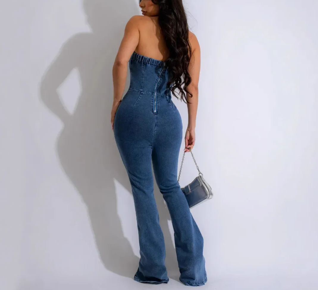 Strapless Belt Sleeveless Cargo Flare Washed Denim Jumpsuit