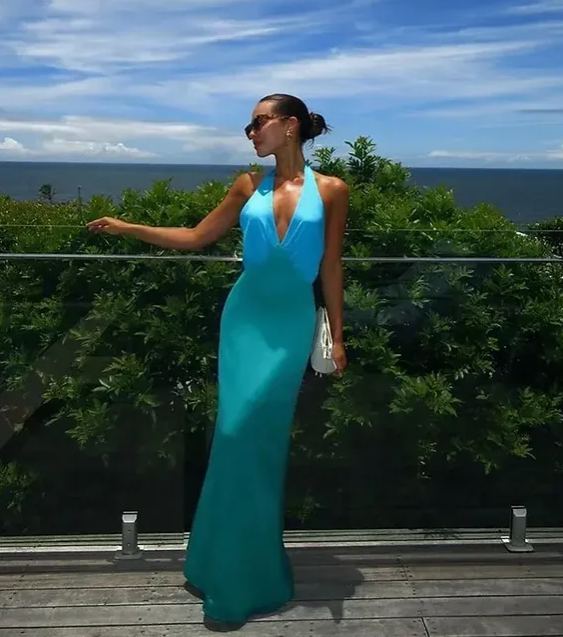 Blue Green Backless Sleeveless Summer Halter Maxi Dress