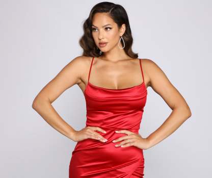 Lillyanne Formal Satin Asymmetrical Midi Dress - Lady Occasions