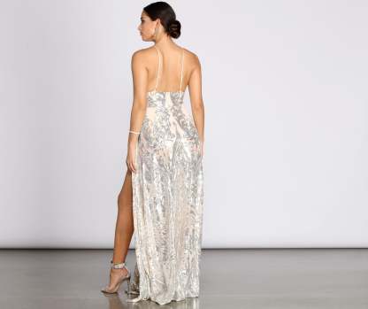 Keana Double Slit Scroll Sequin Dress - Lady Occasions