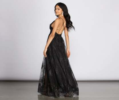 Mona Formal Plunging Glitter Dress - Lady Occasions