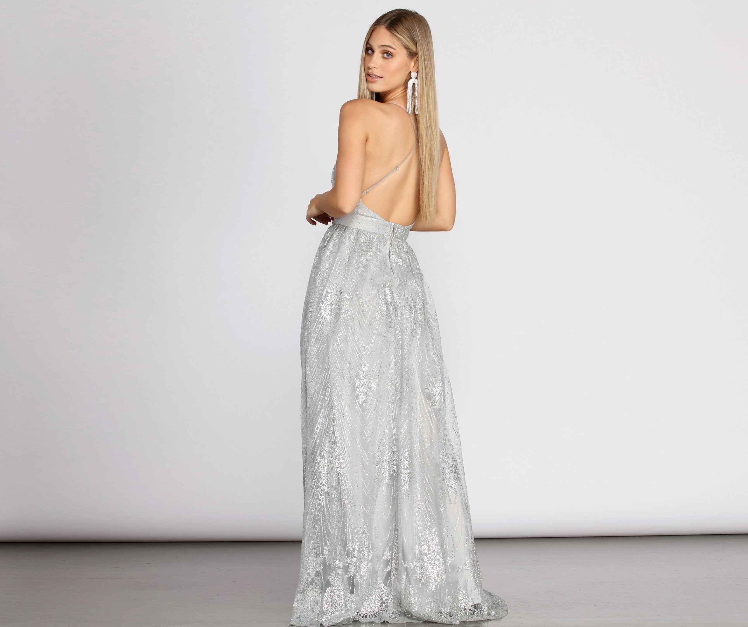 Janica Plunging Glitter A-Line Dress - Lady Occasions