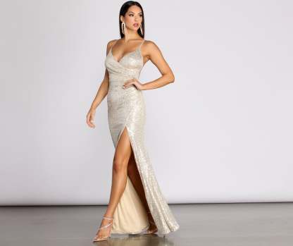 Kairi Cross Back High Slit Sequin Dress - Lady Occasions