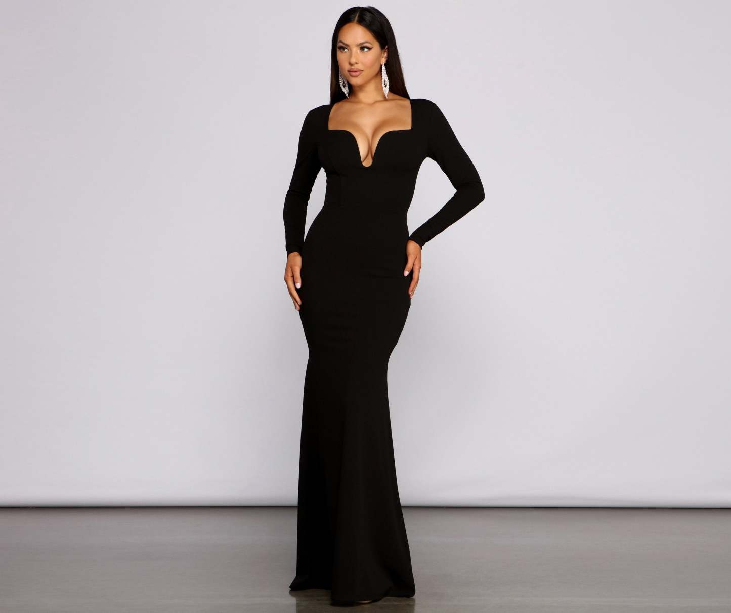 Mallory Long Sleeve V Neck Formal Dress - Lady Occasions