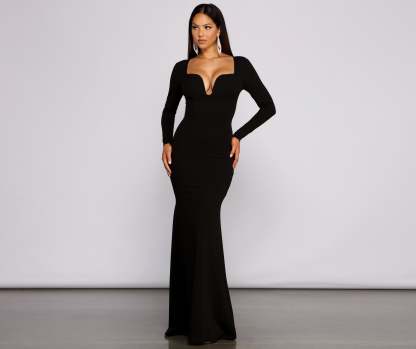 Mallory Long Sleeve V Neck Formal Dress - Lady Occasions